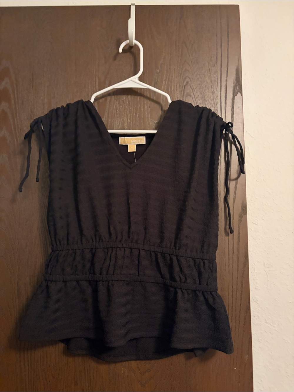 Michael Kors Black Textured V-Neck Peplum Tunic with Tie Shoulders